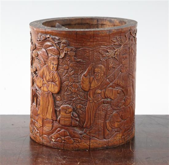 A Chinese bamboo brush pot, Bitong, 19th century, height 13.5cm, base panel lacking, age cracks